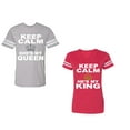 thumbnail image 1 of Keep Calm King Queen Unisex Couple Matching Cotton Jersey style T-Shirt Contrasting stripes on sleeves (Men Heather / Women Red) (Men M / Women XXL), 1 of 3