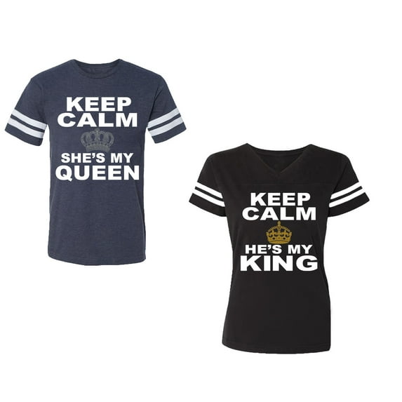 Keep Calm King Queen Unisex Couple Matching Cotton Jersey style T-Shirt Contrasting stripes on sleeves (Men Navy / Women Black) (Men S / Women S)