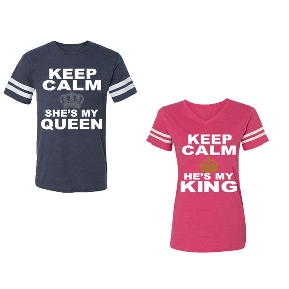 Keep Calm King Queen Unisex Couple Matching Cotton Jersey style T-Shirt Contrasting stripes on sleeves (Men Navy / Women Pink) (Men L / Women L)
