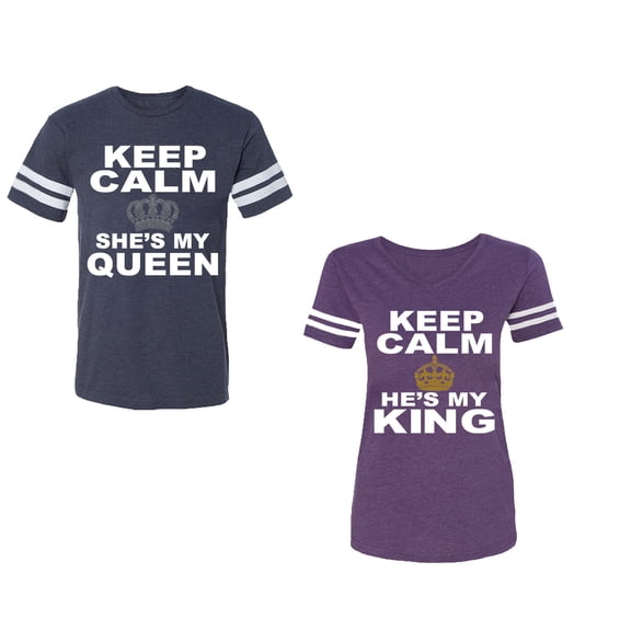 Keep Calm King Queen Unisex Couple Matching Cotton Jersey style T-Shirt Contrasting stripes on sleeves (Men Navy / Women Purple) (Men L / Women L)