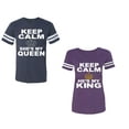 thumbnail image 1 of Keep Calm King Queen Unisex Couple Matching Cotton Jersey style T-Shirt Contrasting stripes on sleeves (Men Navy / Women Purple) (Men M / Women XL), 1 of 3