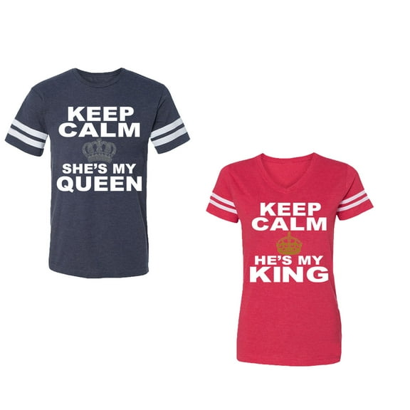 Keep Calm King Queen Unisex Couple Matching Cotton Jersey style T-Shirt Contrasting stripes on sleeves (Men Navy / Women Red) (Men L / Women L)