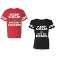 thumbnail image 1 of Keep Calm King Queen Unisex Couple Matching Cotton Jersey style T-Shirt Contrasting stripes on sleeves (Men Red / Women Black) (Men S / Women S), 1 of 3