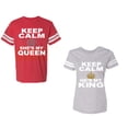thumbnail image 1 of Keep Calm King Queen Unisex Couple Matching Cotton Jersey style T-Shirt Contrasting stripes on sleeves (Men Red / Women Heather) (Men XXL / Women M), 1 of 3
