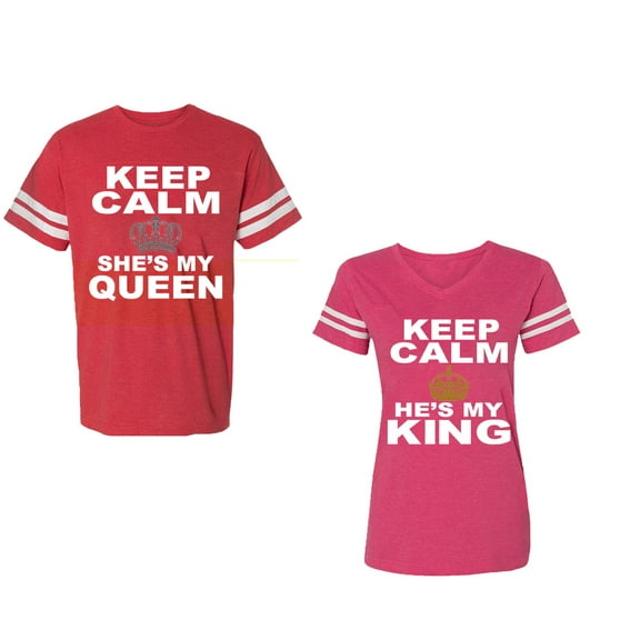 Keep Calm King Queen Unisex Couple Matching Cotton Jersey style T-Shirt Contrasting stripes on sleeves (Men Red / Women Pink) (Men XL / Women XXL)