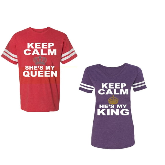 Keep Calm King Queen Unisex Couple Matching Cotton Jersey style T-Shirt Contrasting stripes on sleeves (Men Red / Women Purple) (Men S / Women M)