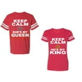 thumbnail image 1 of Keep Calm King Queen Unisex Couple Matching Cotton Jersey style T-Shirt Contrasting stripes on sleeves (Men Red / Women Red) (Men S / Women L), 1 of 3