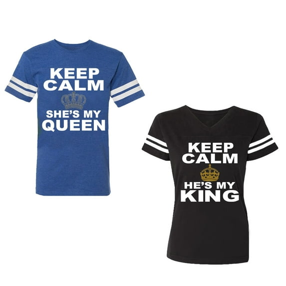 Keep Calm King Queen Unisex Couple Matching Cotton Jersey style T-Shirt Contrasting stripes on sleeves (Men Royal / Women Black) (Men S / Women S)