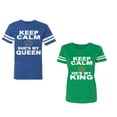 thumbnail image 1 of Keep Calm King Queen Unisex Couple Matching Cotton Jersey style T-Shirt Contrasting stripes on sleeves (Men Royal / Women Green) (Men XXL / Women S), 1 of 3