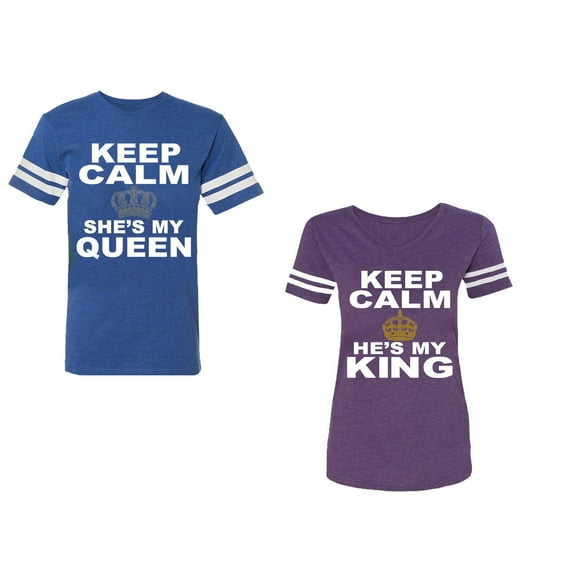 Keep Calm King Queen Unisex Couple Matching Cotton Jersey style T-Shirt Contrasting stripes on sleeves (Men Royal / Women Purple) (Men M / Women S)