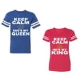 thumbnail image 1 of Keep Calm King Queen Unisex Couple Matching Cotton Jersey style T-Shirt Contrasting stripes on sleeves (Men Royal / Women Red) (Men XL / Women S), 1 of 3