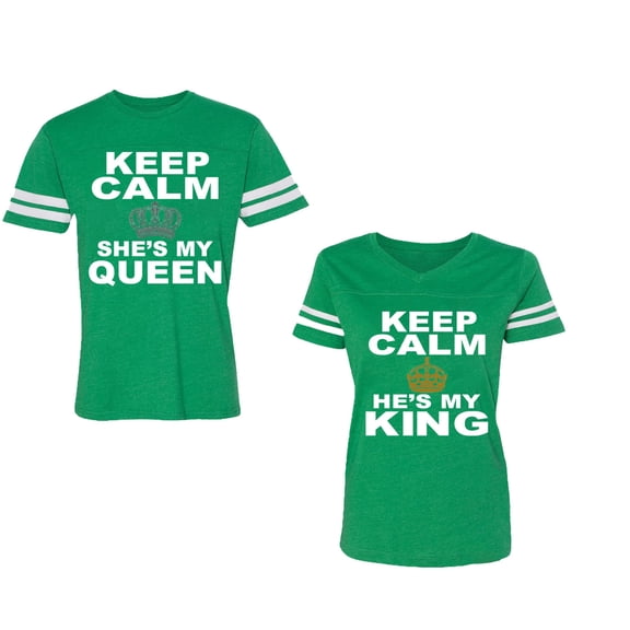 Keep Calm King Queen Unisex Couple Matching Cotton Jersey style T-Shirt Contrasting stripes on sleeves (Men Green / Women Green) (Men XXL / Women XXL)