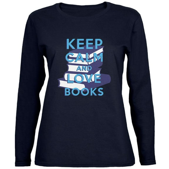 Keep Calm & Love Books Navy Womens Long Sleeve T-Shirt - Medium