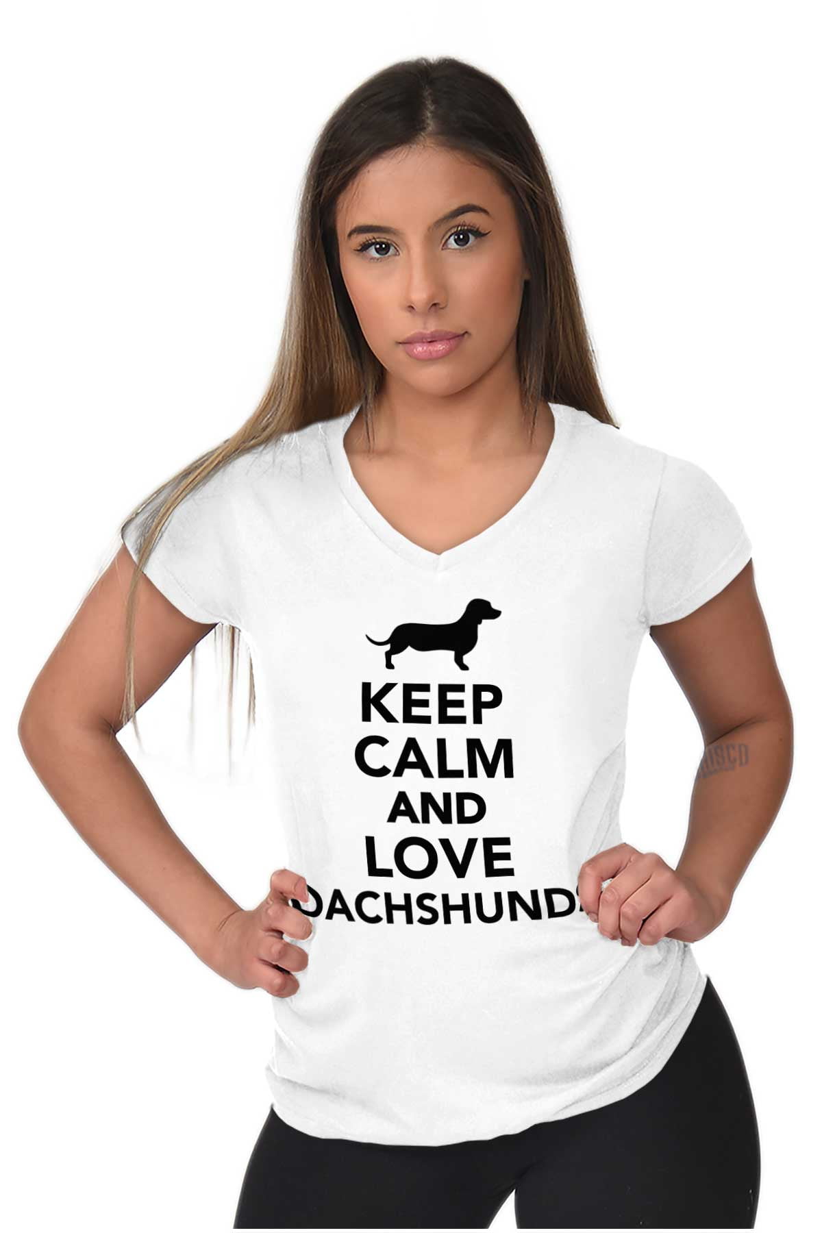 Keep Calm Love Dachshunds Dog Joke Women's Petite V-Neck T Shirt Brisco ...