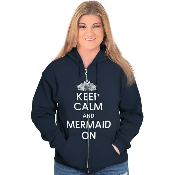Keep Calm Mermaid On Beach Day Cute Womens Plus Size Graphic Zipper Hoodie Brisco Brands 4X