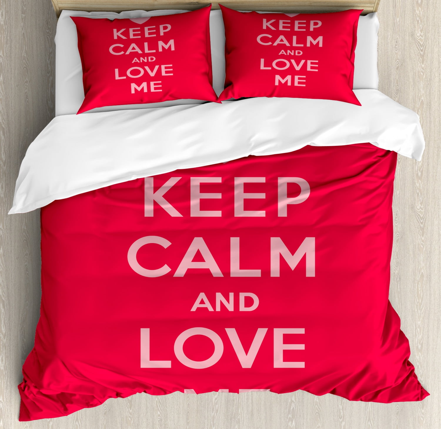 Keep Calm Queen Size Duvet Cover Set, Love Me Saint Valentine's Day Theme Phrase of Love for Romantic Couples, Decorative 3 Piece Bedding Set with 2 Pillow Shams, Scarlet Pale Pink, by Ambesonne