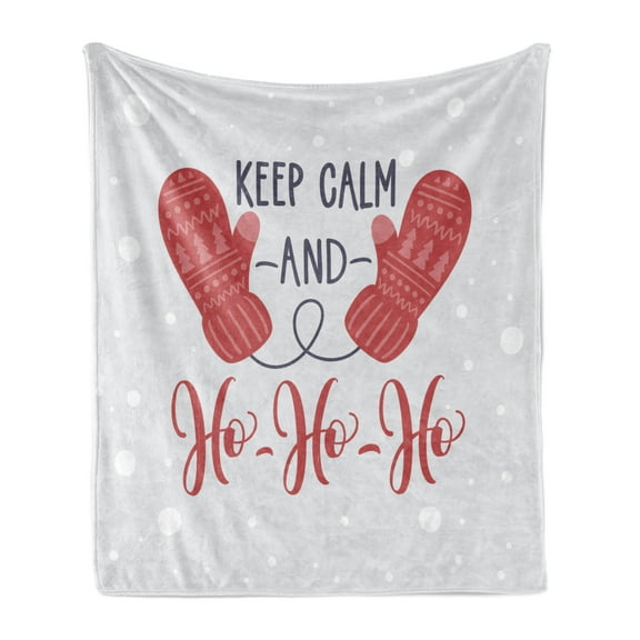 Keep Calm Soft Flannel Fleece Blanket, Christmas Fun Theme with Snowfall Seasonal Gloves Ho Ho Ho Santa Print, Cozy Plush for Indoor and Outdoor Use, 50" x 60", Pale Grey Dark Coral, by Ambesonne