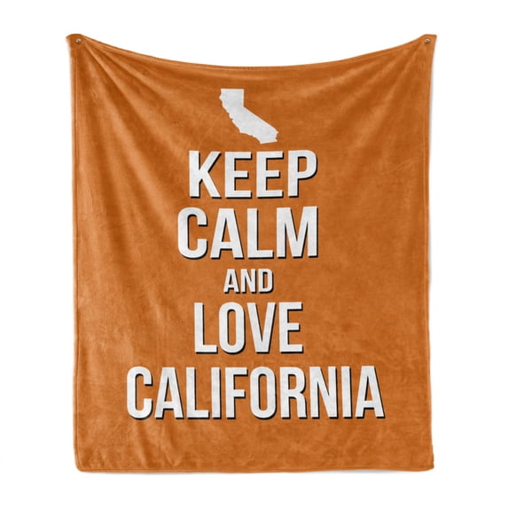 Keep Calm Soft Flannel Fleece Blanket, Love California Words with Map on Orange Backdrop Tourism Theme American State, Cozy Plush for Indoor and Outdoor Use, 70" x 90", Orange White, by Ambesonne