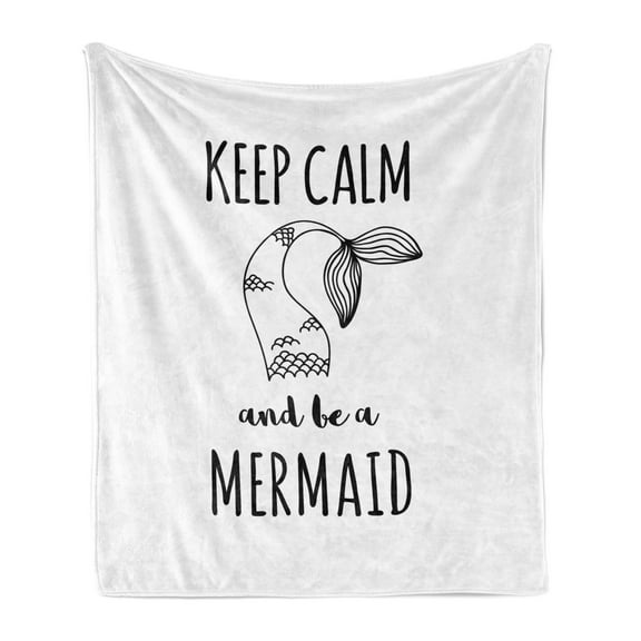 Keep Calm Soft Flannel Fleece Blanket, Monochrome Design Typographic Image with Be a Mermaid Text and Tail, Cozy Plush for Indoor and Outdoor Use, 60" x 80", Charcoal Grey and White, by Ambesonne