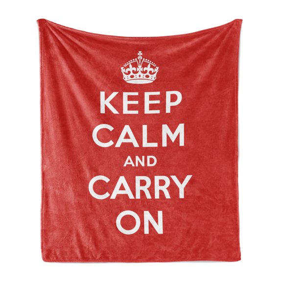 Keep Calm Soft Flannel Fleece Throw Blanket, Bicolour Composition Carry on Text Royal UK Crown Calligraphic Image, Cozy Plush for Indoor and Outdoor Use, 70" x 90", Red White, by Ambesonne