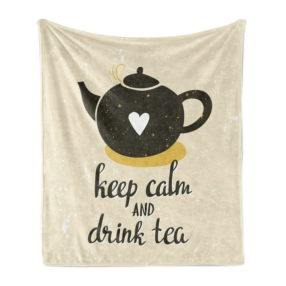 Keep Calm Soft Flannel Fleece Throw Blanket, Drink Tea Lettering with Heart on Teapot, Cozy Plush for Indoor and Outdoor Use, 50" x 60", Green Eggshell, by Ambesonne