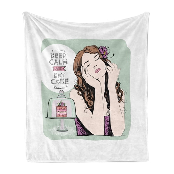 Keep Calm Soft Flannel Fleece Throw Blanket, Eat Cake Lettering with Retro Style Closed Eyes Woman and Desert, Cozy Plush for Indoor and Outdoor Use, 70" x 90", Multicolor, by Ambesonne