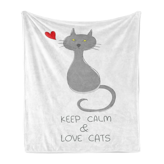 Keep Calm Soft Flannel Fleece Throw Blanket, Grey Cat Sitting with Red Heart and Hand Drawn Words Keep Calm Love Cats, Cozy Plush for Indoor and Outdoor Use, 50" x 60", Grey Red Yellow, by Ambesonne