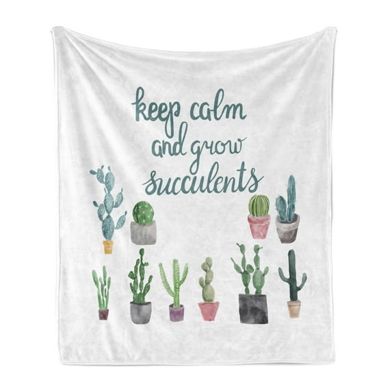Keep Calm Soft Flannel Fleece Throw Blanket, Grow Succulents Calligraphy with Watercolor Plants in Pots, Cozy Plush for Indoor and Outdoor Use, 70" x 90", Dark Cadet Blue White, by Ambesonne