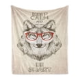 thumbnail image 1 of Keep Calm Soft Flannel Fleece Throw Blanket, Humorous Sketch of Wolf with Glasses and Be Smart Typography, Cozy Plush for Indoor and Outdoor Use, 50" x 60", Pale Mustard Taupe, by Ambesonne, 1 of 5