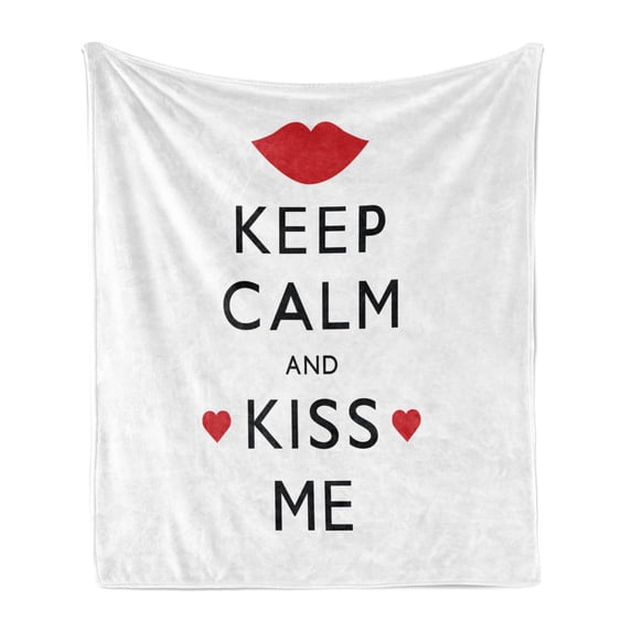 Keep Calm Soft Flannel Fleece Throw Blanket, Kiss Me Poster Design with Red Hearts and a Kiss Valentines Day Romance, Cozy Plush for Indoor and Outdoor Use, 50" x 60", Black Red White, by Ambesonne