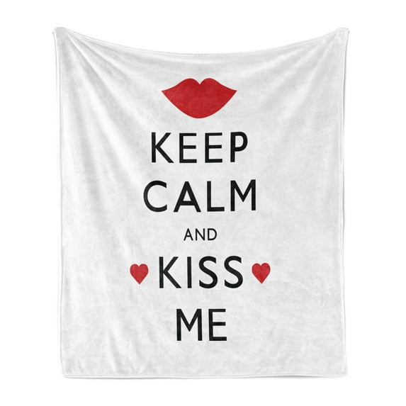 Keep Calm Soft Flannel Fleece Throw Blanket, Kiss Me Poster Design with Red Hearts and a Kiss Valentines Day Romance, Cozy Plush for Indoor and Outdoor Use, 60" x 80", Black Red White, by Ambesonne