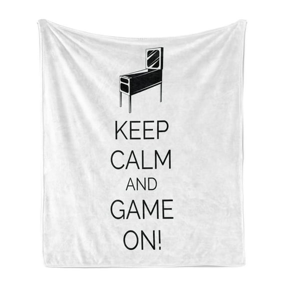 Keep Calm Soft Flannel Fleece Throw Blanket, Pinball Machine Arcade Room Concept Keep Calm and Game on Fun Entertainment, Cozy Plush for Indoor and Outdoor Use, 60" x 80", Black White, by Ambesonne