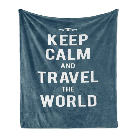 Keep Calm Soft Flannel Fleece Throw Blanket, Travel the World Words on a Faded Map of United Kingdom and a Plane Silhouette, Cozy Plush for Indoor and Outdoor Use, 50" x 70", Blue White, by Ambesonne