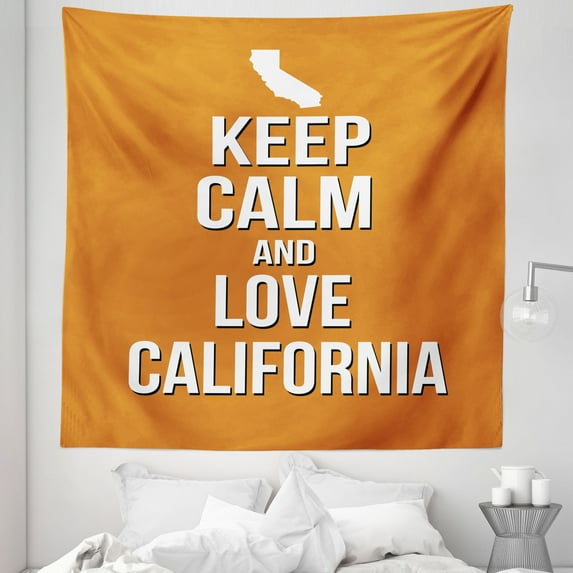 Keep Calm Tapestry, Love California Words with Map on Orange Backdrop Tourism Theme American State, Fabric Wall Hanging Decor for Bedroom Living Room Dorm, 5 Sizes, Orange White, by Ambesonne