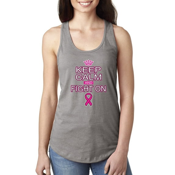 Keep Calm and Fight On Breast Cancer Awareness Ladies Racerback Tank Top, Heather Grey, X-Large