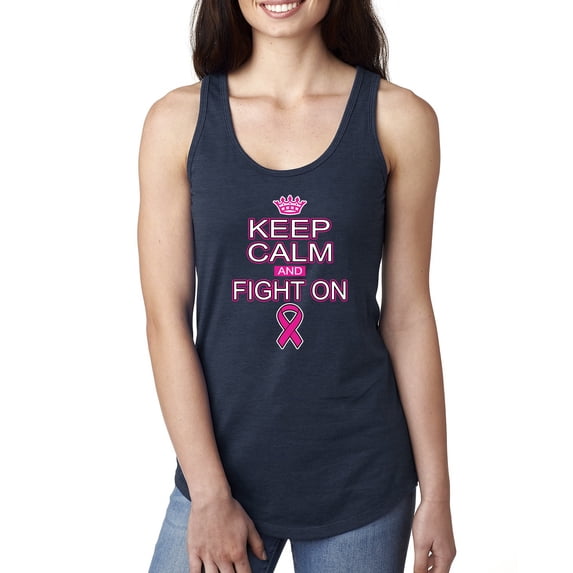 Keep Calm and Fight On Breast Cancer Awareness Ladies Racerback Tank Top, Navy, Large