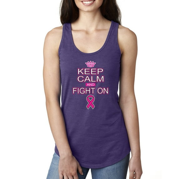 Keep Calm and Fight On Breast Cancer Awareness Ladies Racerback Tank Top, Purple Rush, Small