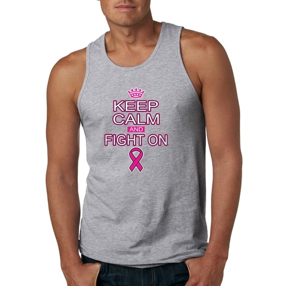 Keep Calm and Fight On Breast Cancer Awareness Mens Graphic Tank Top, Heather Grey, Small