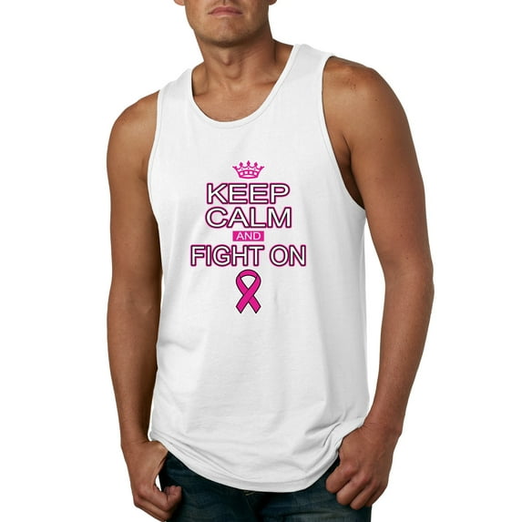 Keep Calm and Fight On Breast Cancer Awareness Mens Graphic Tank Top, White, Medium