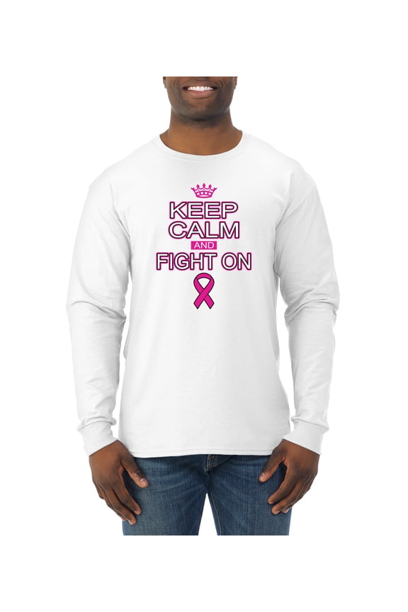 Keep Calm and Fight On Breast Cancer Awareness Mens Long Sleeve Shirt, White, Large