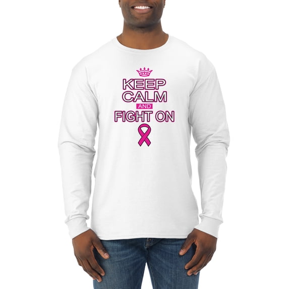 Keep Calm and Fight On Breast Cancer Awareness Mens Long Sleeve Shirt, White, Medium
