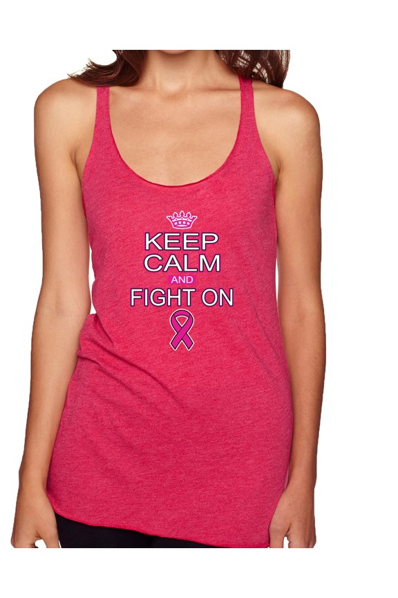 Keep Calm and Fight On Breast Cancer Awareness Tri-Blend Racerback Tank Top, Shocking Pink, Medium