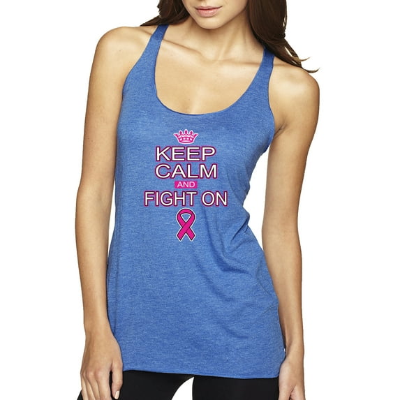 Keep Calm and Fight On Breast Cancer Awareness Tri-Blend Racerback Tank Top, Vintage Royal, Large