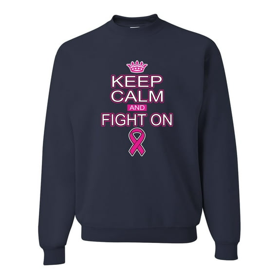 Keep Calm and Fight On Breast Cancer Awareness Unisex Crewneck Graphic Sweatshirt, Navy, 2XL