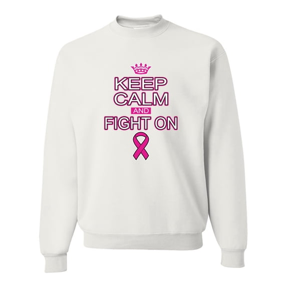 Keep Calm and Fight On Breast Cancer Awareness Unisex Crewneck Graphic Sweatshirt, White, Large