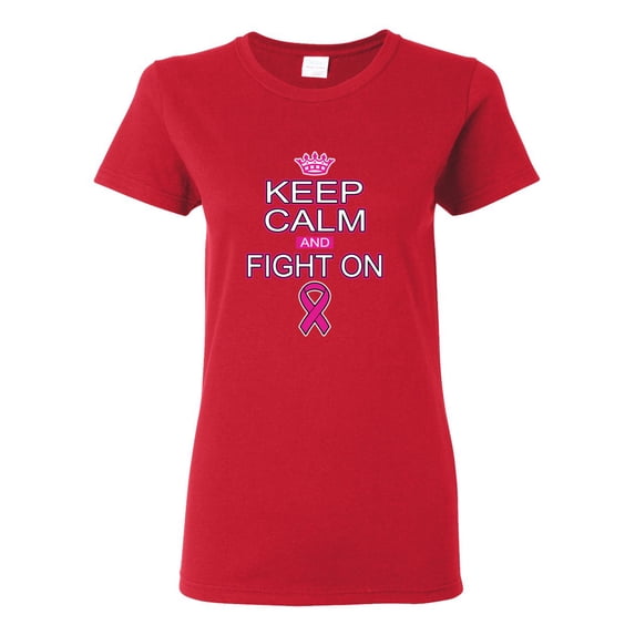 Keep Calm and Fight On Breast Cancer Awareness Womens Graphic T-Shirt, Red, Large