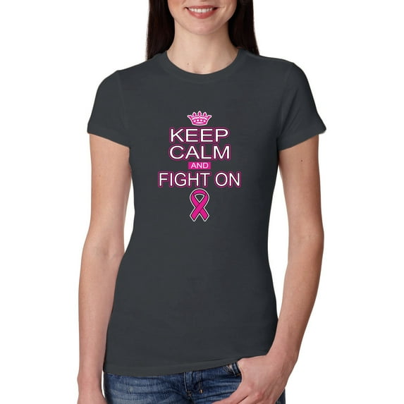 Keep Calm and Fight On Breast Cancer Awareness Womens Slim Fit Junior Tee, Dark Grey, Large
