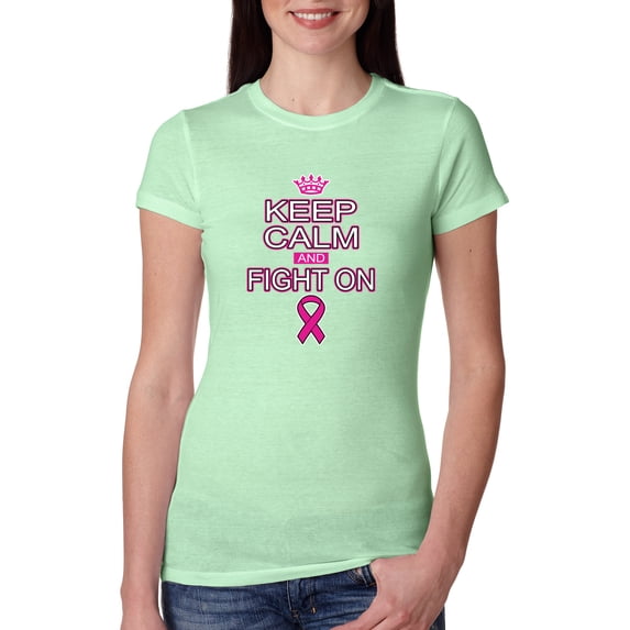 Keep Calm and Fight On Breast Cancer Awareness Womens Slim Fit Junior Tee, Mint, Large