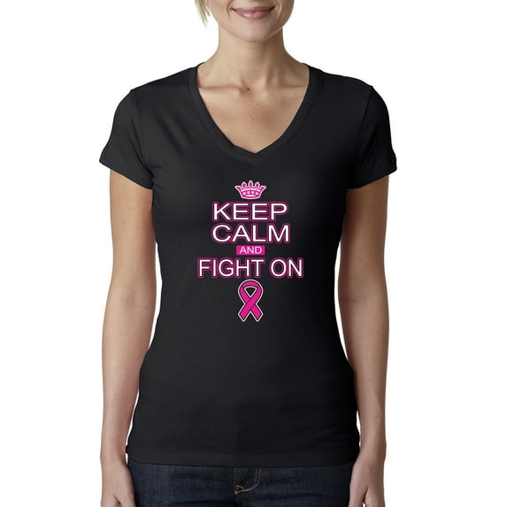 Keep Calm and Fight On Breast Cancer Awareness Womens V-Neck Tee, Black, 2XL
