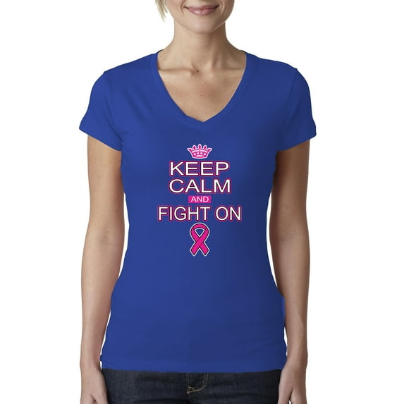 Keep Calm and Fight On Breast Cancer Awareness Womens V-Neck Tee, Royal, X-Large